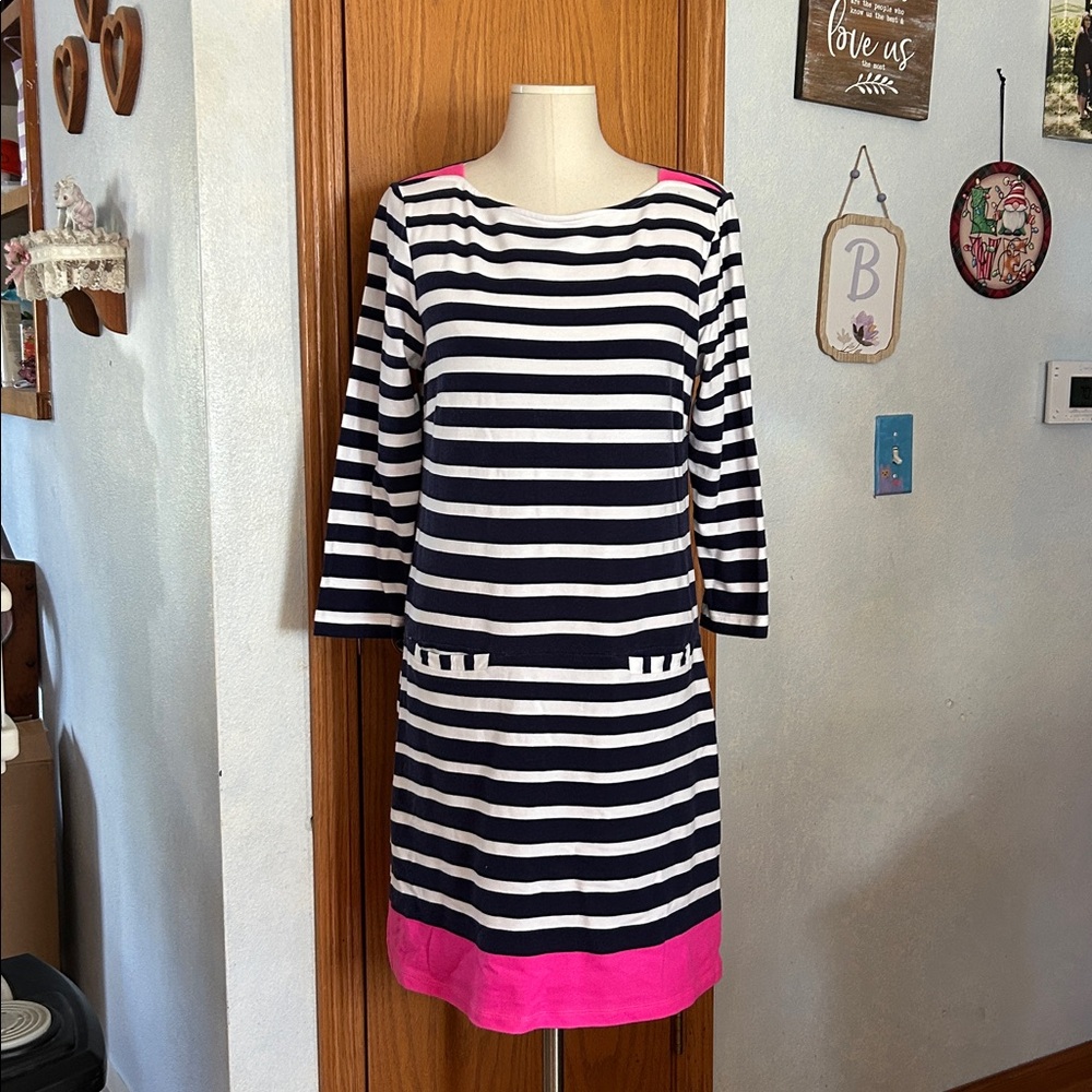 Elle Navy and White Striped Knit Dress with Pink Trim